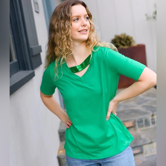 Women’s Asymmetrical Sequins Banded V-Neck Buttery Soft Green Top, short sleeve - Picture 2 of 8